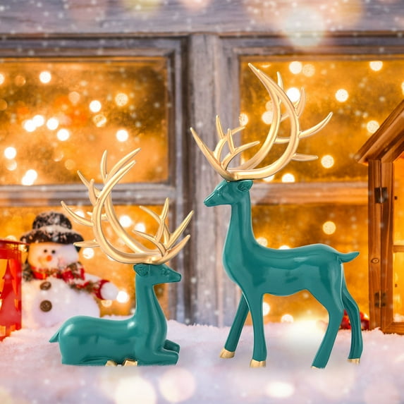 Christmas Resin Sitting Standing Deer Statue Reindeer Figurines Deer Decorations for Home Decor Statue Small Reindeer Sculpture for Living Room, Wine Cabinet, Display Stand, Bedroom, Office Desktop