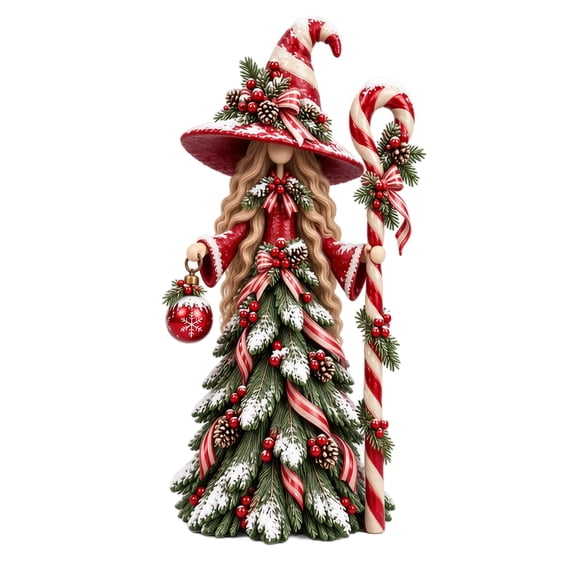 Christmas Resin Witch Figurine Decoration, Forest Guardian Tabletop Decor with Candy Cane Staff and Ornament
