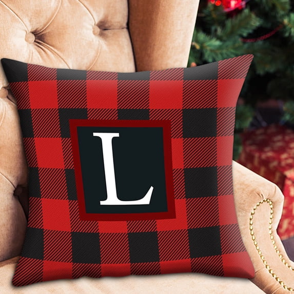 Christmas Retro Plaid Pillow Covers 18"x18" Buffalo Plaid Red and Black 26 Letters Farmhouse Christmas Throw Pillow Covers Cotton Linen Cushion Case Xmas Decorations