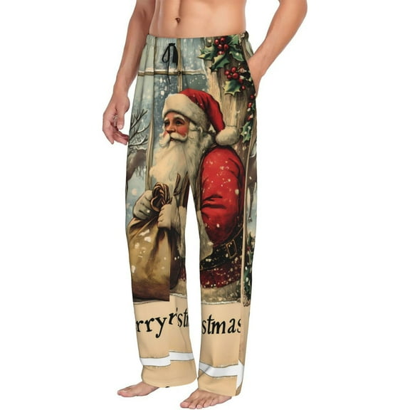 Christmas Retro Santa Claus Mens Pajama Pants Bottoms with Pockets - Comfy Mens Pj Pants, Soft Men Lounge Pants