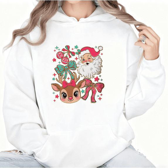 Christmas Retro Santa Reindeer Bow Graphic Tee T-Shirt Print Top Hooded long-sleeved White S-2XL
