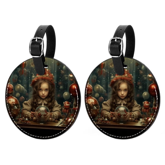 Christmas Retro Set of 2pcs PU Leather Round Suitcase Tags with Privacy Cover and Name ID Tag - Ideal for Travel Luggage, Handbags, Backpacks, School Bags