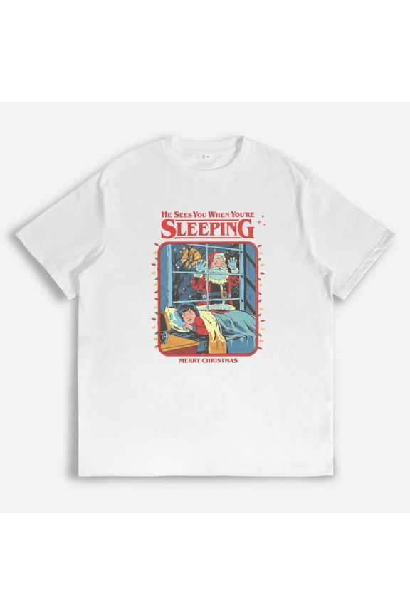 Christmas Retro T Shirt He Sees You When Youre Sleeping Santa Graphic Tee Top Short Sleeve Round Neck White S-5XL