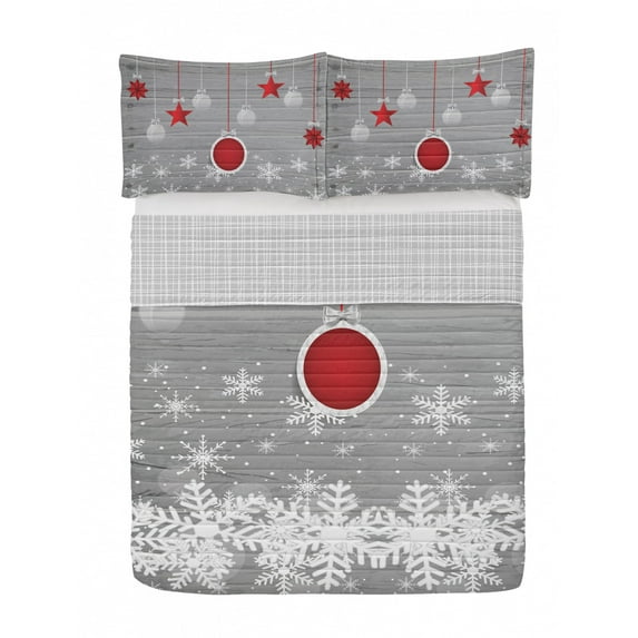 Christmas Reversible Bedspread Set, Traditional Celebration Theme Pendant Stars Baubles Ornate Snowflakes, Pillow Shams & Comforter Microfiber Bedding Set, 3 Sizes, Grey Red White, by Ambesonne