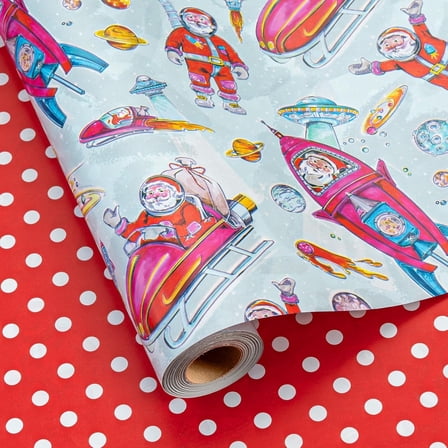 Christmas Reversible Wrapping Paper Roll for Kids - Santa on Rockets & Polka Dot, Space Theme Gift Wrap for Christmas, New Year Celebration, Holiday, Party - Mini Roll - 17 Inch x 33 Feet