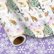 Christmas Reversible Wrapping Paper Roll, Watercolor Winter Forest Design with Fox Raccoon Christmas Tree Snowflake, for Kids Family, Winter Holidays, Mini Roll 17 in x 16.4 Ft
