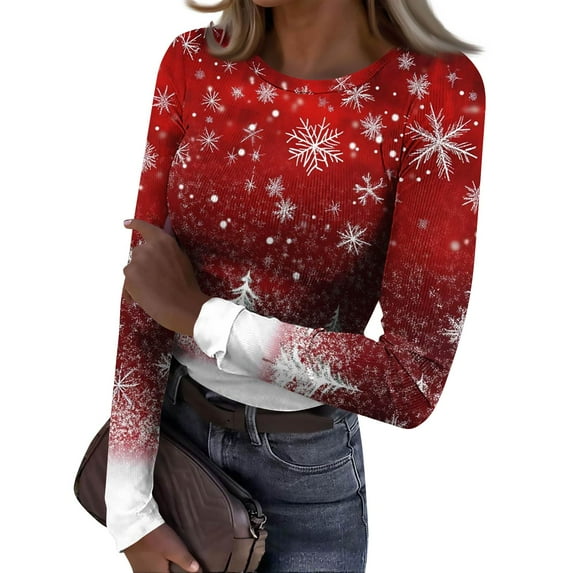 Christmas Rib Knit Tops for Women Stretch Ribbed T Shirts Cute Merry Christmas Tree Print Fall Holiday Pullover Tee