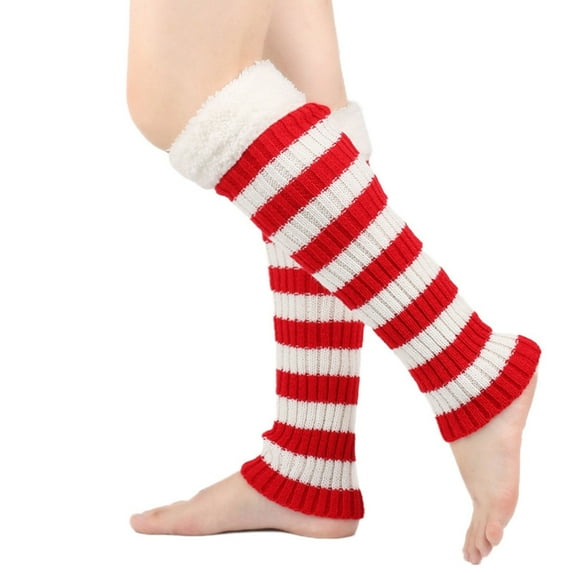 Christmas Ribbed Knit Color Blocking Striped Leg Warmers Socks for Women Plush Trim Splicing Boot Cuffs Leg Covers