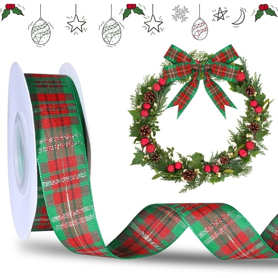 Christmas Ribbon 1inch Red and Green Christmas Plaid Ribbon for Christmas Tree Wreaths Gingham Christmas Ribbon for Gift Bouquet Wrapping Bow Crafts Decoration 25 Yards
