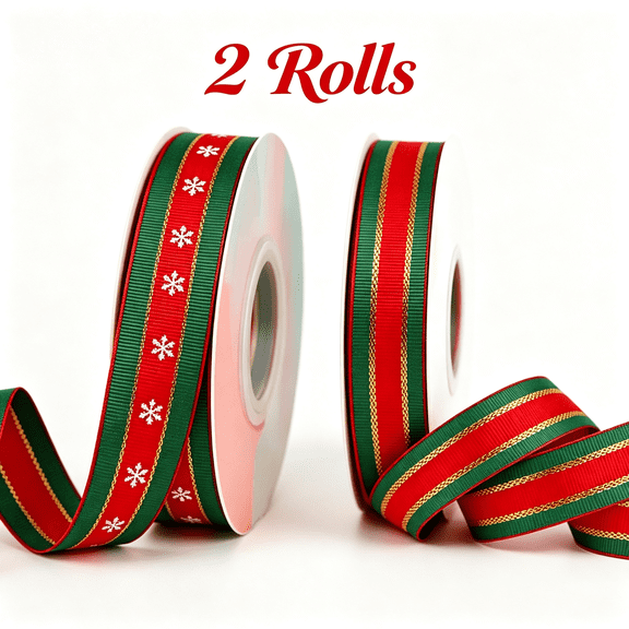 Christmas Ribbon 2 Rolls Combo Set Stripe and Snowflake Red Green Gold Border Webbing 0.79 Inch x 25 Yards and 24 Yards Gift Wrapping Ribbon