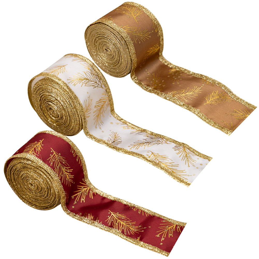 Christmas Ribbon 3 Rolls, Xmas Theme Wired Ribbon Winter Holiday, Wide ...