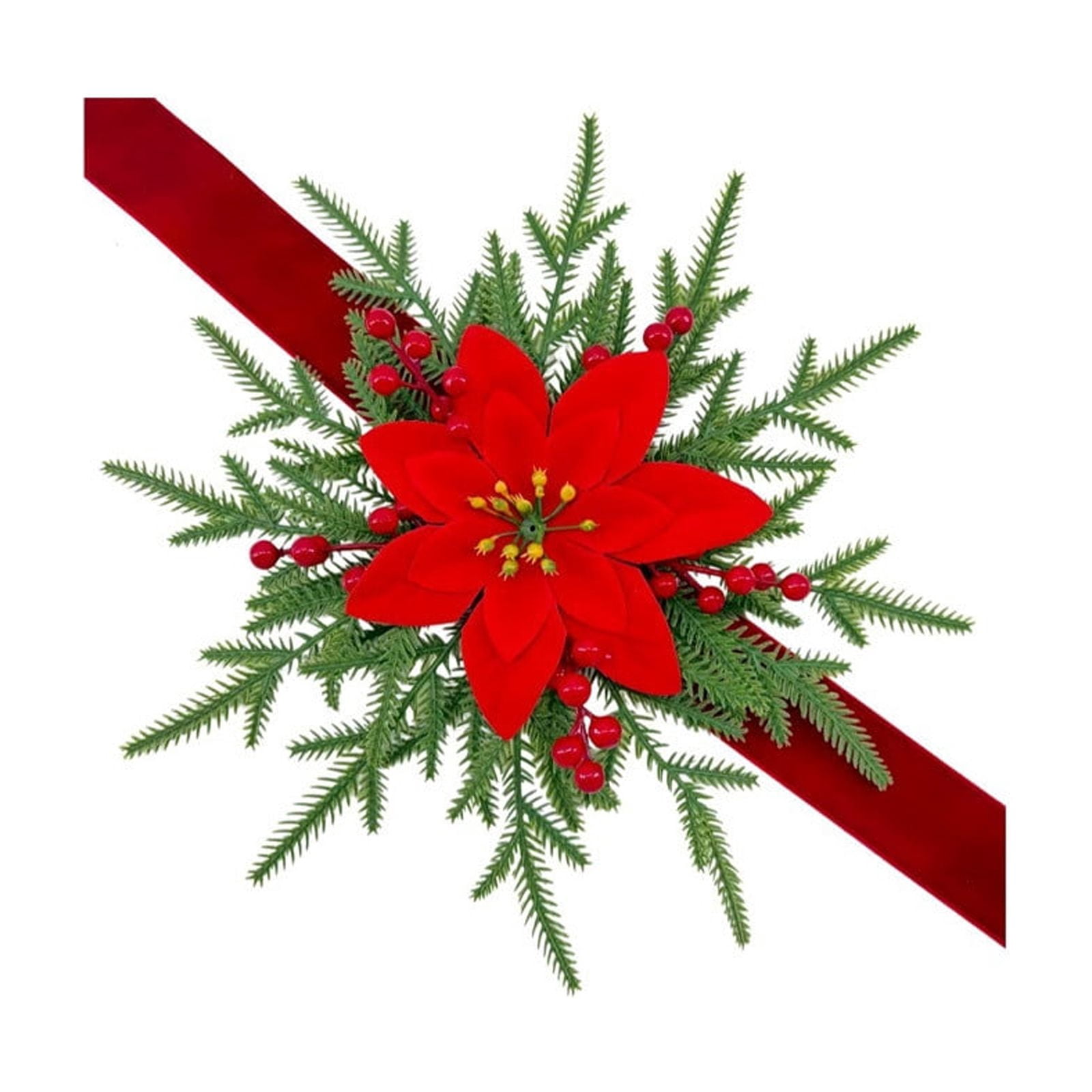 Christmas Ribbon Bow, Red Velvet with Poinsettia Pine Single Flower ...