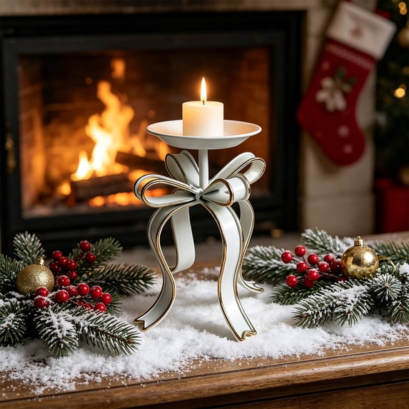 Christmas Ribbon Candle Holder, Vintage Knot Stand with Metal and Wood Base and Classic Style, Tabletop Centerpiece for Mantel, Shelf, Winter, Holiday, Home.(White)