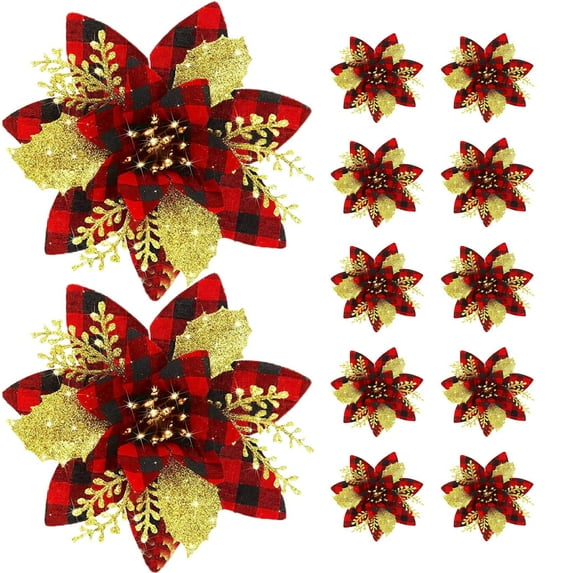 Christmas Ribbon Clips, Christmas Garland Decorations, 12PCS Artificial Christmas Ribbon Clips and Glitter for Wedding Party, White Gold Red Plastic Festive Holiday Decor