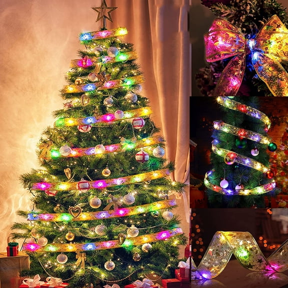 Christmas Ribbon Fairy Lights,Battery Powered Fairy Strings Lights,Ribbon Bows Lights for Weddings New Year Christmas Tree Decorations