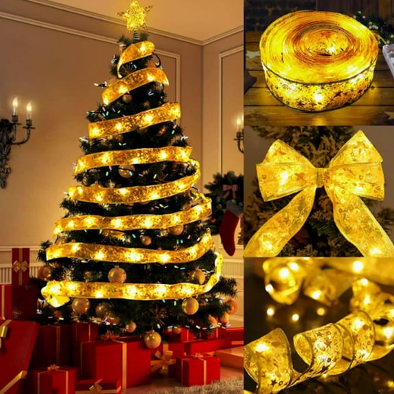 Christmas Ribbon LED Light String - Battery Operated Tree Decoration for Indoor Festive Ambiance Lighting(Gold)
