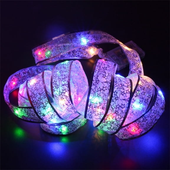 Christmas Ribbon Lights Gold 9.8ft 100 LED Lights Battery Powered Double Layer Copper Wire Ribbon Bows Fairy Strings Lights for Weddings New Year Christmas Tree Decorations