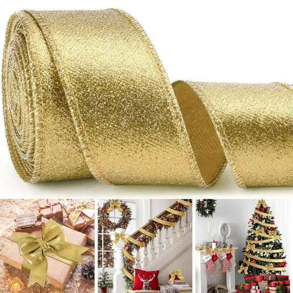 Christmas Ribbon Metallic Glitter Ribbon Sparkly Wired Edge Ribbon Fabric Ribbons Craft Ribbons for Gift Wrapping Crafts Sewing Christmas Tree Wreath Wedding Home Decorations,10 Yards,2.5 in,Gold