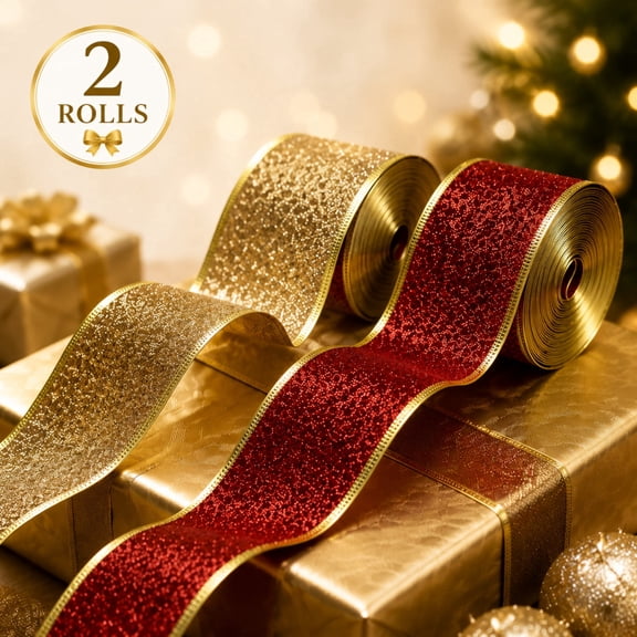 Christmas Ribbon Metallic Glitter Ribbon Wired Edge Bouquet DIY Crafts Wedding Xmas Party Wrapping Decorations (Gold&Red,2 Rolls, Total 20 yards)