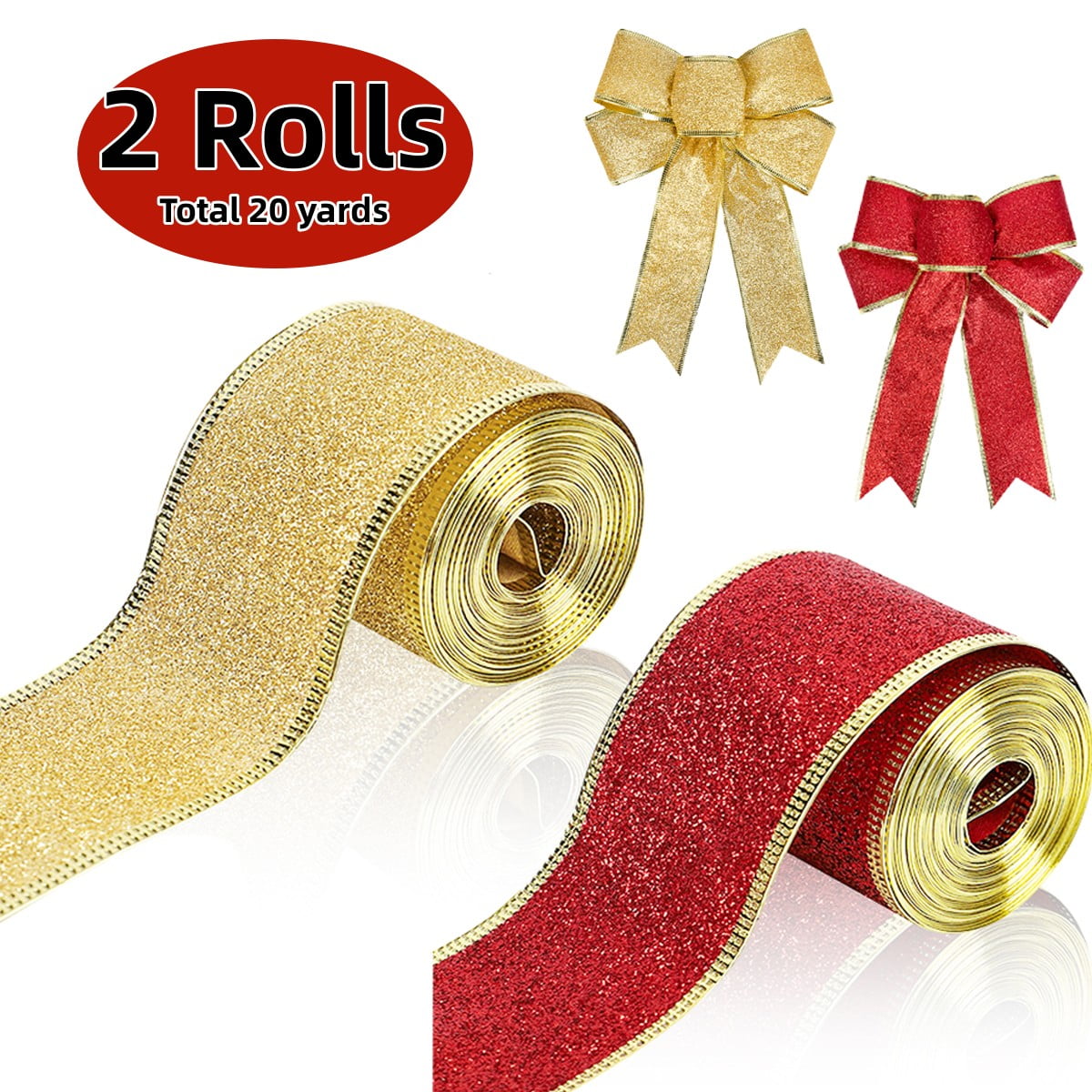 Christmas Ribbon Metallic Glitter Ribbon Wired Edge Bouquet DIY Crafts Wedding Xmas Party Wrapping Decorations (Gold\u0026Red2 Rolls Total 20 yards)
