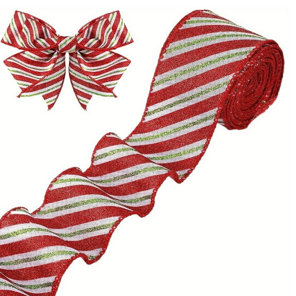 Christmas Ribbon Red and Green Striped, 2.5 Inch Glitter Wired Edge Ribbon for Christmas Wrapping and Holiday Decorations