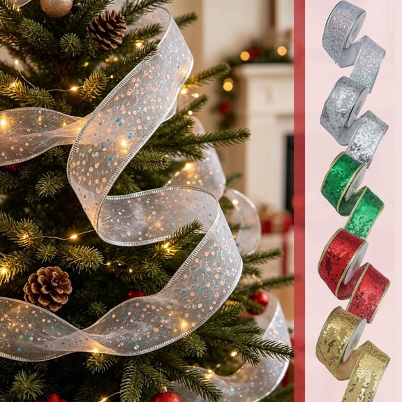 Christmas Ribbon Sparkly Sequin Wire Edge 2 Inch Yard Decorative Mesh Ribbon for Gift Wrapping Wreath Tree Ornaments and DIY Holiady Decor Supplies