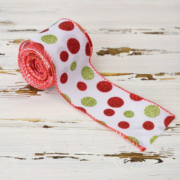 Christmas Ribbon for Tree, Green Red Polka Dot Ribbons Wired Glitter Dot Fabric Ribbon Gift Wrapping DIY Craft Wreath Bows Making Xmas Tree Decor Party Birthday Decoration
