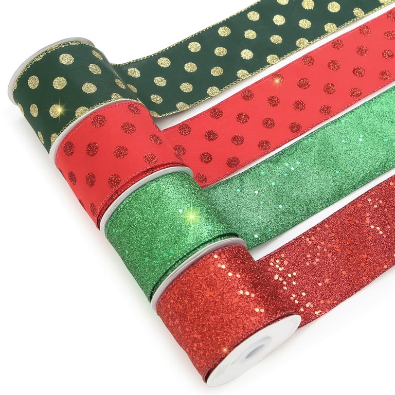 Christmas Ribbon Wired 1.5 Inch Set of 4 Ribbon Wire Red, Green