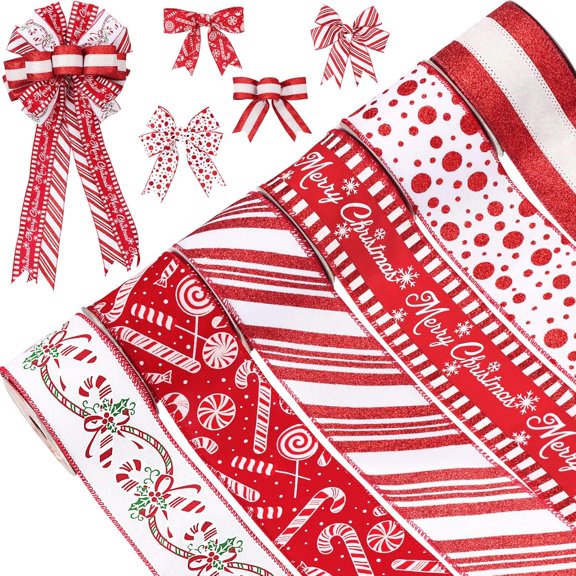 Christmas Ribbon Wired 2.5 inch,6 Rolls 36 Yards Red and White Christmas Tree Ribbon,Holiday Wired Ribbons for Tree Topper Bow Wreath Gift Wrapping Xmas Decorations (Red)