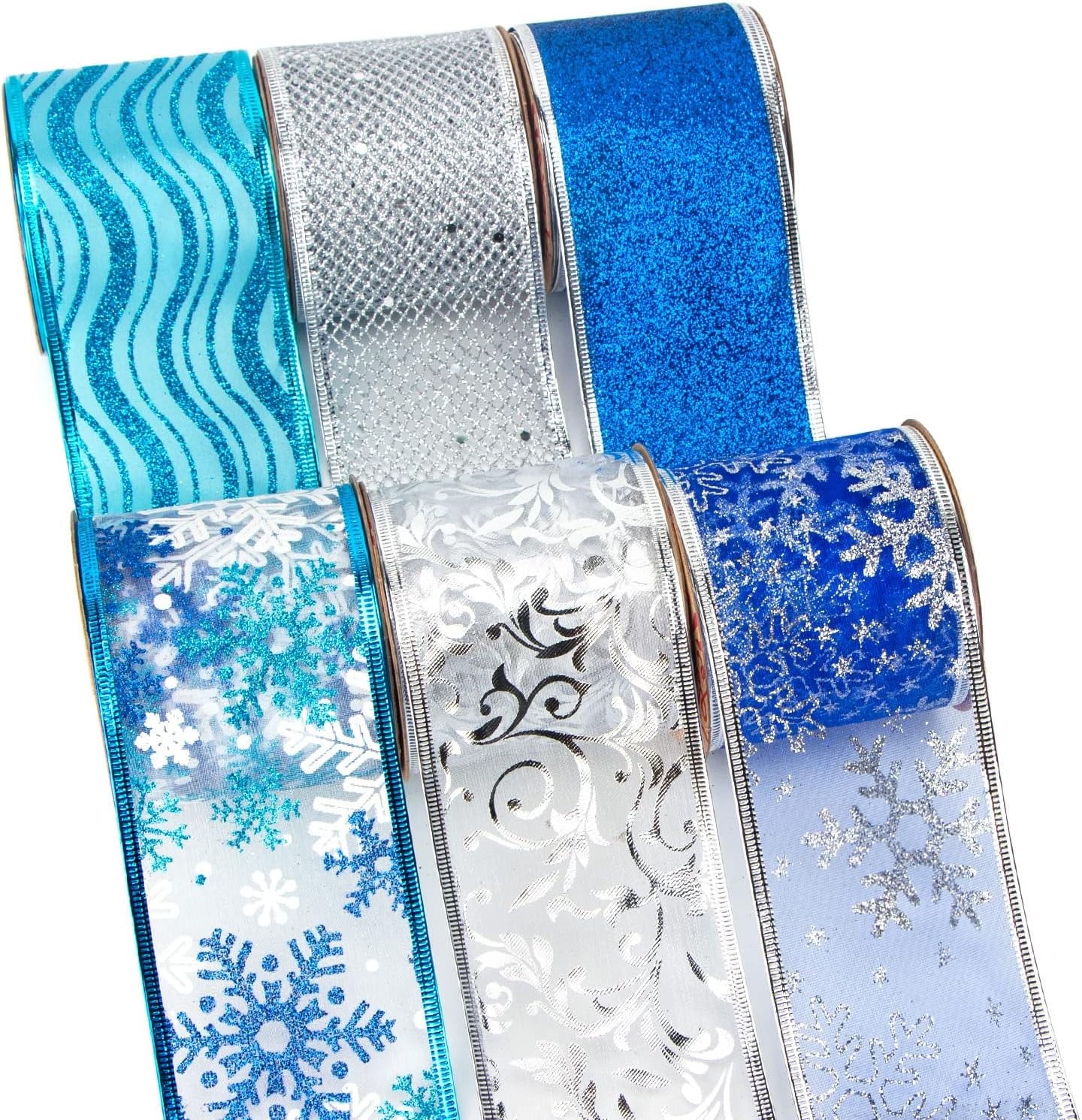 Christmas Ribbon Wired Blue and Silver Christmas Tree Ribbon Blue
