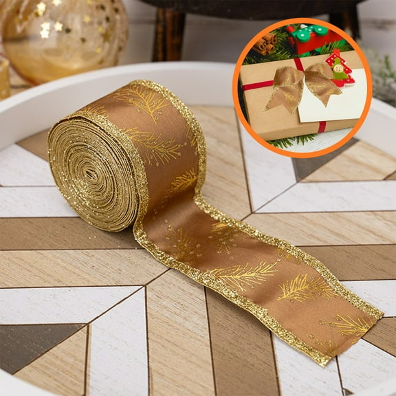 Christmas Ribbon Wired for Gift Wrapping 2 Inch 196.85 Inch Gold Pine Needle Print Fabric Glitter Ribbons for DIY Crafts Wreath Bows Christmas Tree Decorations Holiday Wedding Party Supplies (Gold)