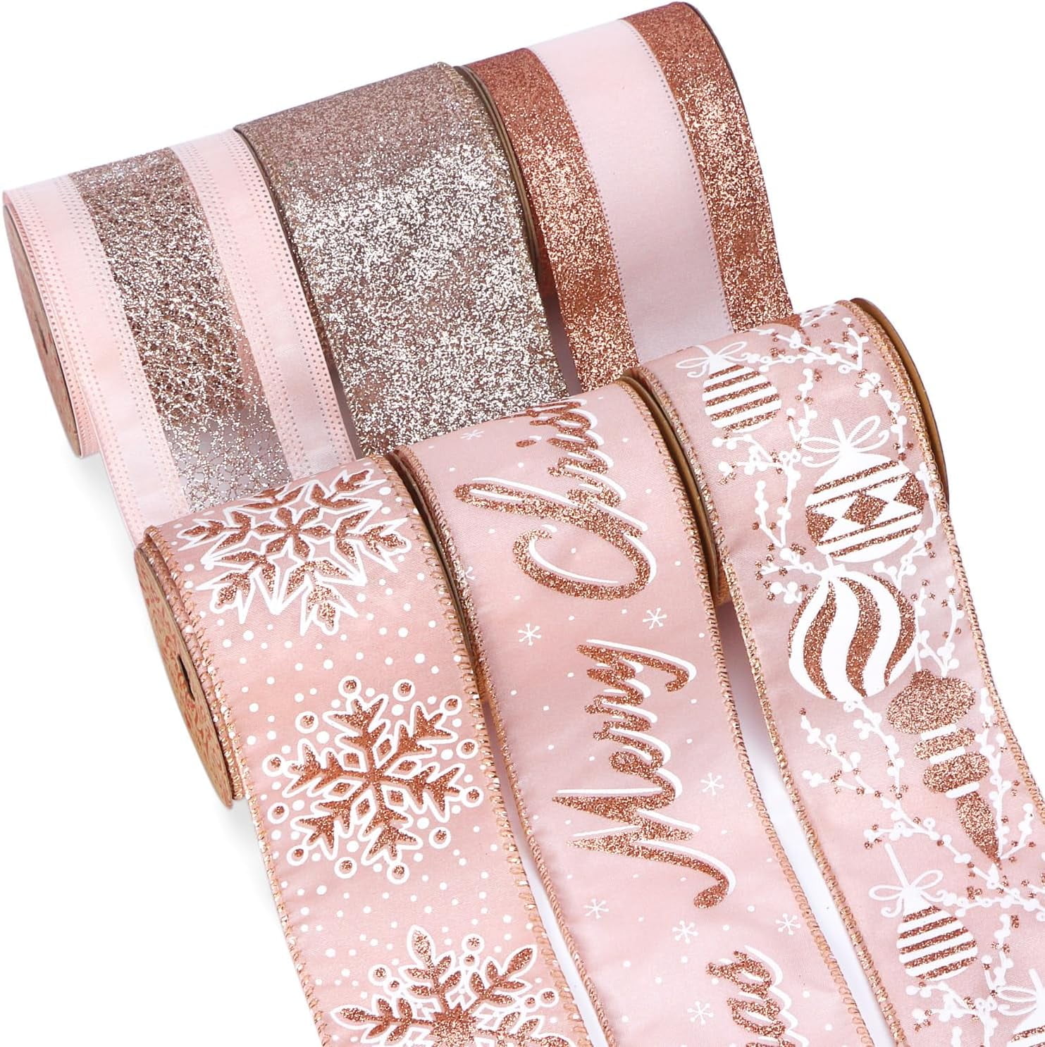Christmas Ribbon Wired Rose Gold Christmas Tree Ribbon Snowflake Glitter Wired Ribbons for Crafts Gift Wrapping Wreaths Garland Home Decor -2.5 Inchx6 Rolls Total 36Yard