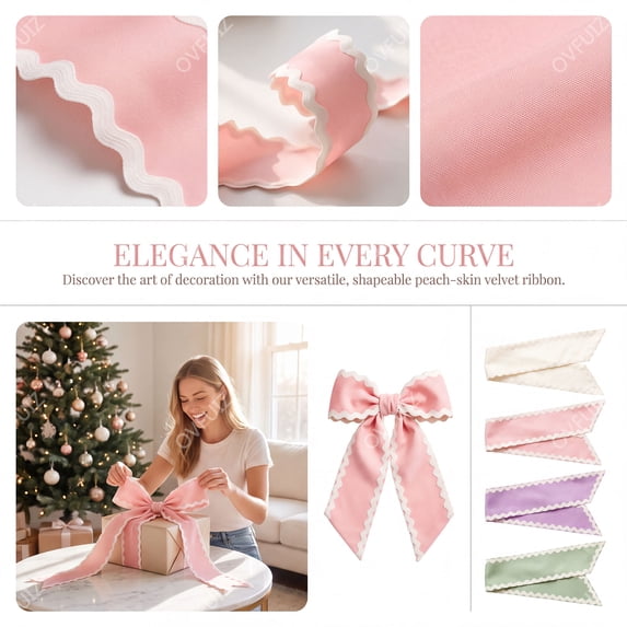 Christmas Ribbon Wired Scalloped Edge 3.5in x 53.9in for Wreath Christmas Tree Holiday Present Wrap Decor by OVFUIZ