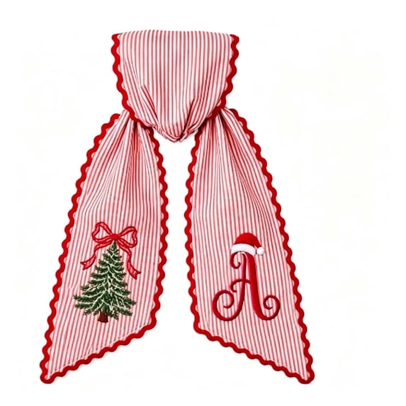 Christmas Ribbon Wreath Sash for Front Door, Custom Sash with Embroidery, Christmas Wreath Sash with Red Lettering Striped Fabric, Home Decor for Front Door, Holiday(B)