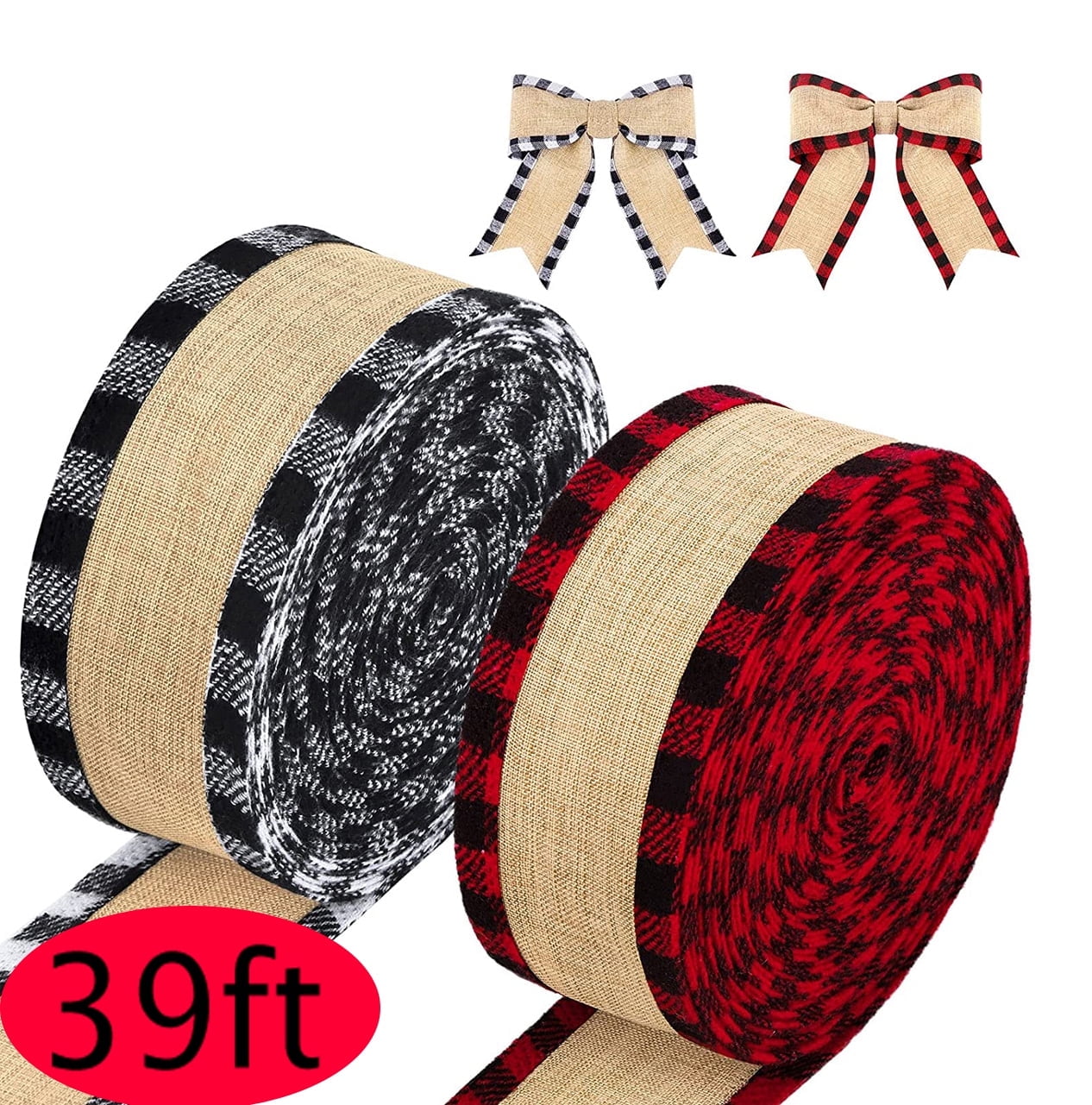 Christmas Ribbons for Gift Wrapping Decorations Buffalo Plaid Wired Ribbon Garland with Checked Patterns for DIY Craft Christmas Tree Ribbon Red and Black White and Black 2 Rolls