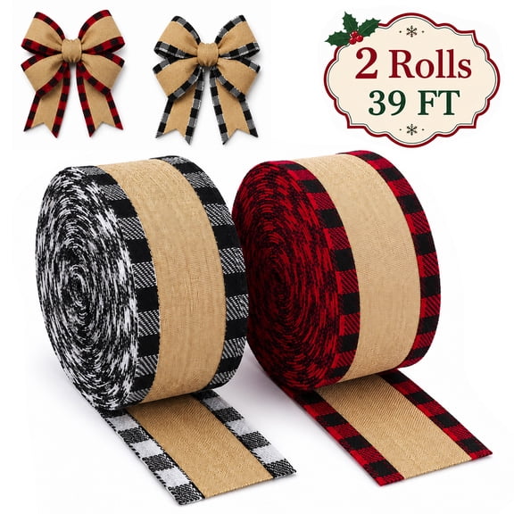 Christmas Ribbons for Gift Wrapping Decorations Buffalo Plaid Wired Ribbon Garland with Checked Patterns for DIY Craft Christmas Tree Ribbon Red and Black White and Black 2 Rolls