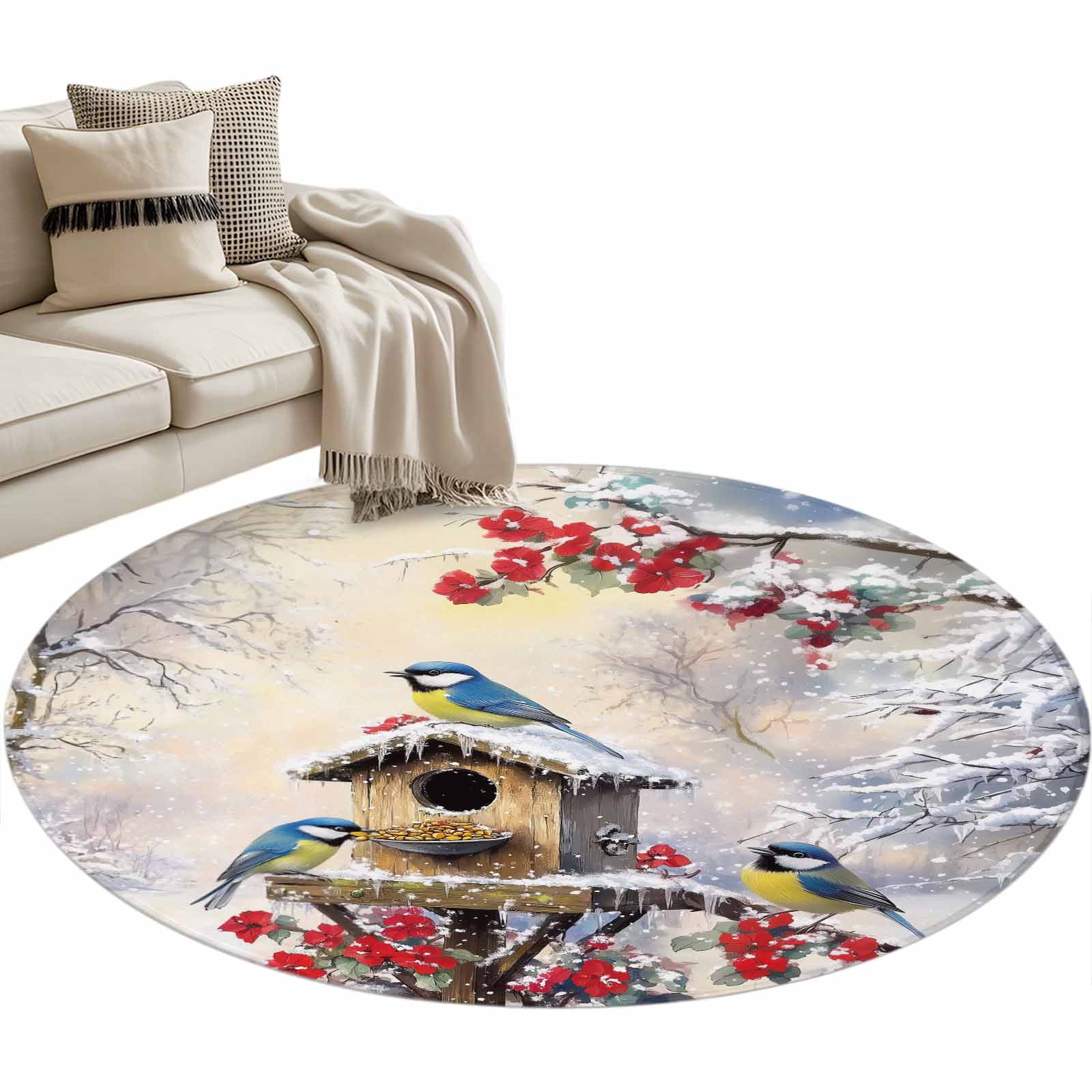 Christmas Robin Round Area Rug 3.3ft Bird House Red Flowers Snowy ...