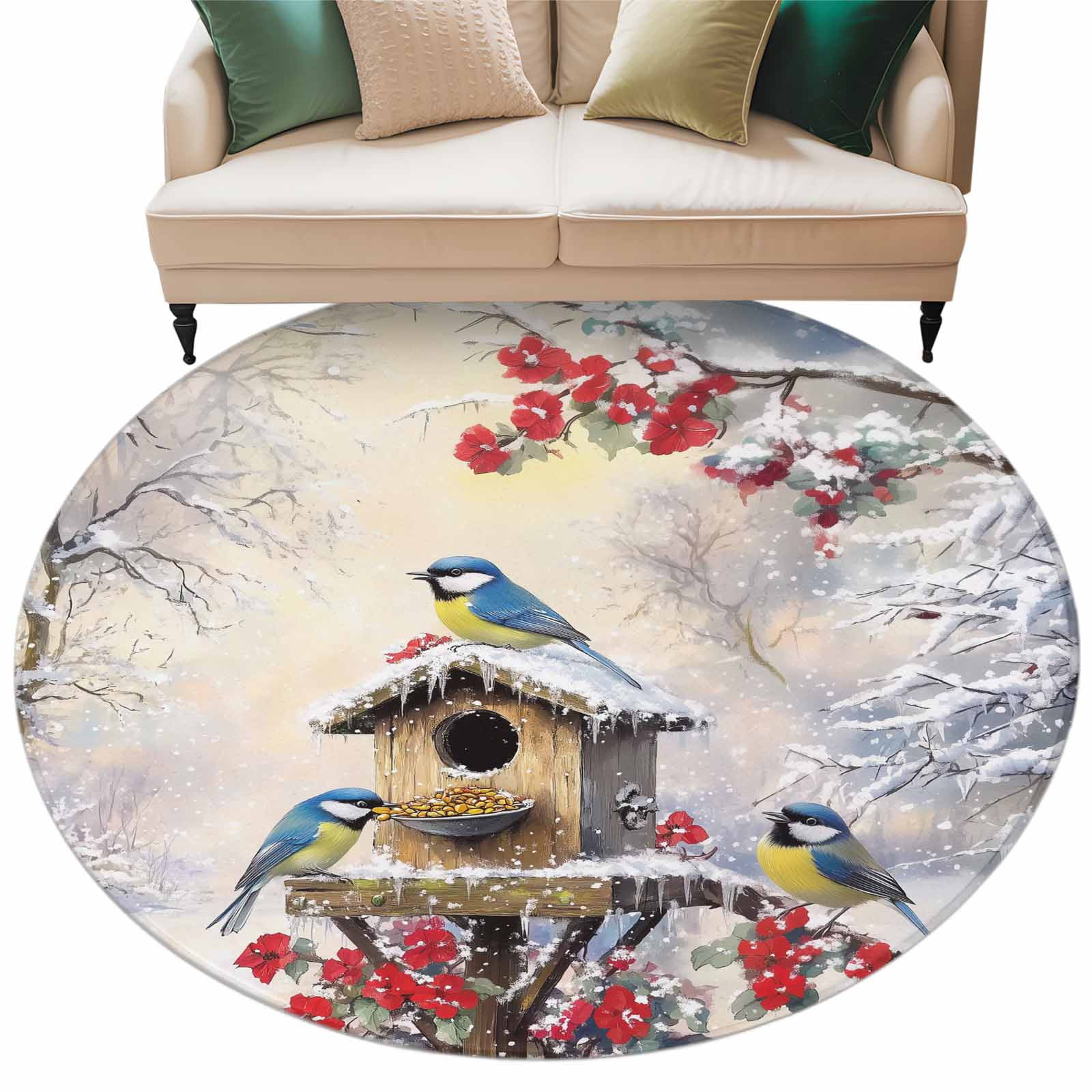 Christmas Robin Round Area Rug 5ft Bird House Red Flowers Snowy Forest ...