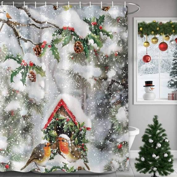 Christmas Robin Shower Curtains for Bathroom, Bird House Holly Berry Xmas Tree Waterproof Fabric Shower Curtain for Bathroom Bathtub Decoration, Machine Washable, 36"x72"