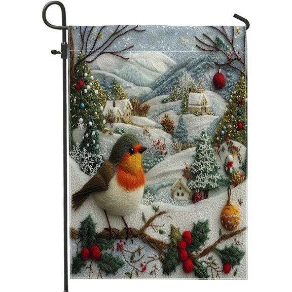 Christmas Robins Bird Garden Flags 12x18 Inch Double Sided for Outside, Novelty Fun Xmas Forest Burlap Lawn Flags, Winter Backyard Small House Flags Outdoor Decor