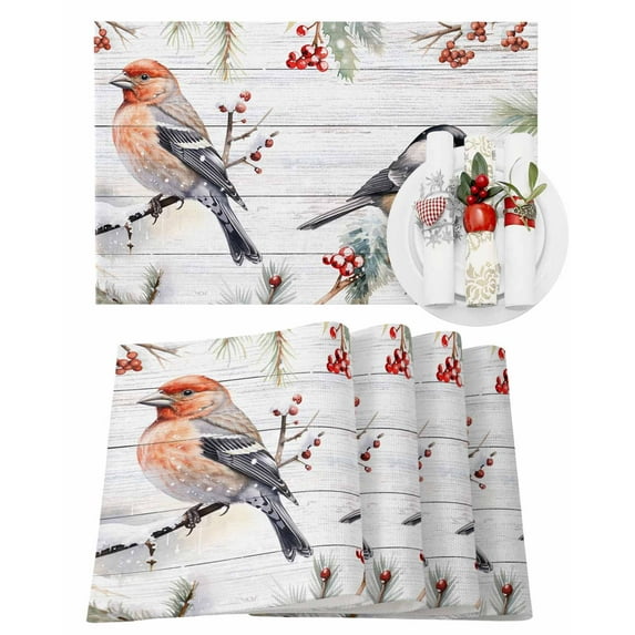 Christmas Robins Placemats Set of 6 on Pine Tree Winter Berry Wood Grain Heat Insulation Washable Place Mats, Rustic Non-Slip Table Mats for Dining Table Party Kitchen Decor,13x19 Inch