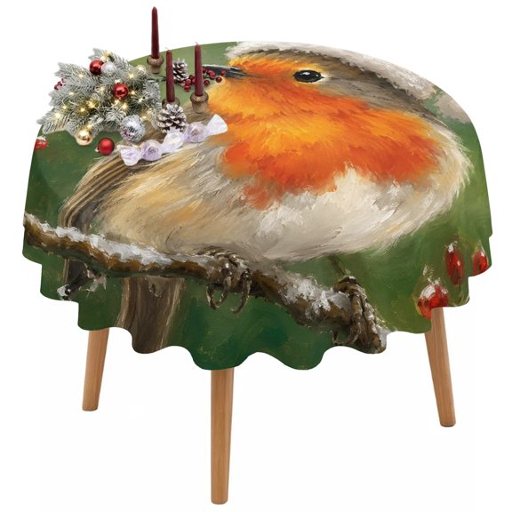 Christmas Robins Round Tablecloth 54 Inch - Waterproof Fabric Table Cloth Protector, Winter Xmas Birds on Branch Green Tablecloths Washable Table Cover for Kitchen Banquet Coffee Table Outdoor Party