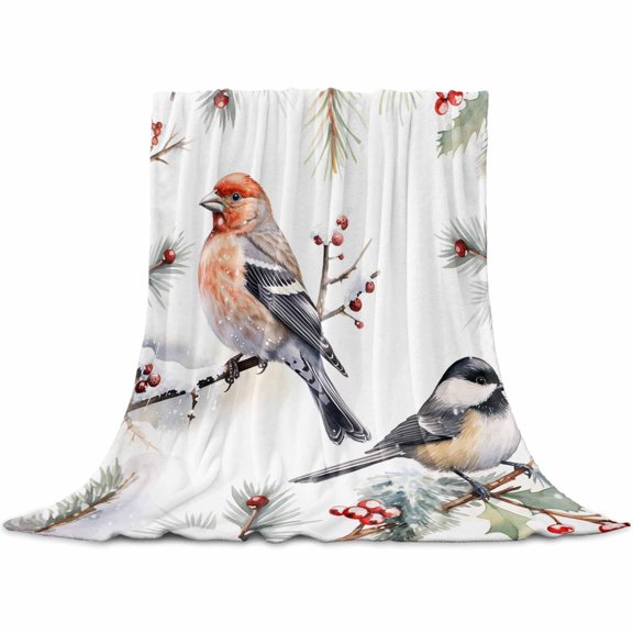 Christmas Robins Throw Flannel Blanket 32x48In on Pine Tree Winter Berry Super Soft Cozy Bed Blanket, Lightweight Plush Fuzzy Bed Throw for Bedroom Sofa Couch Living Room