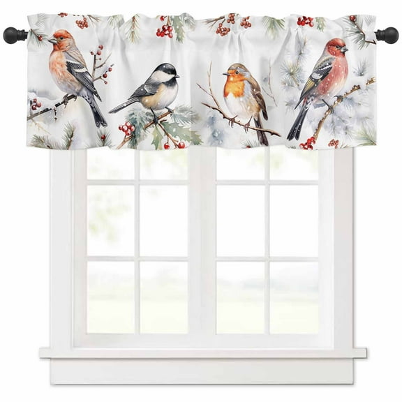 Christmas Robins Valances for Windows, on Pine Tree Winter Berry Light Filtering Window Treatment Valances, Rod Pocket Small Curtains for Kitchen/Bathroom, 54"x18"