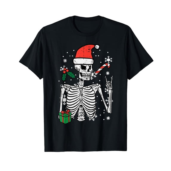 Christmas Rocker Skeleton Santa Rock Hand Xmas Men Boys Kids T-Shirt