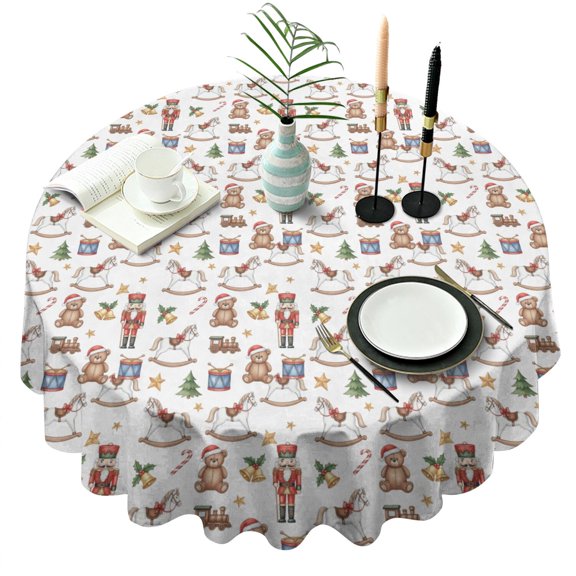 Christmas Rocking Horse Nutcracker White Pattern Round Tablecloth, Fits 60-Inch Table, Stain & Wrinkle Resistant, Washable Polyester, Kitchen, Wedding, Party