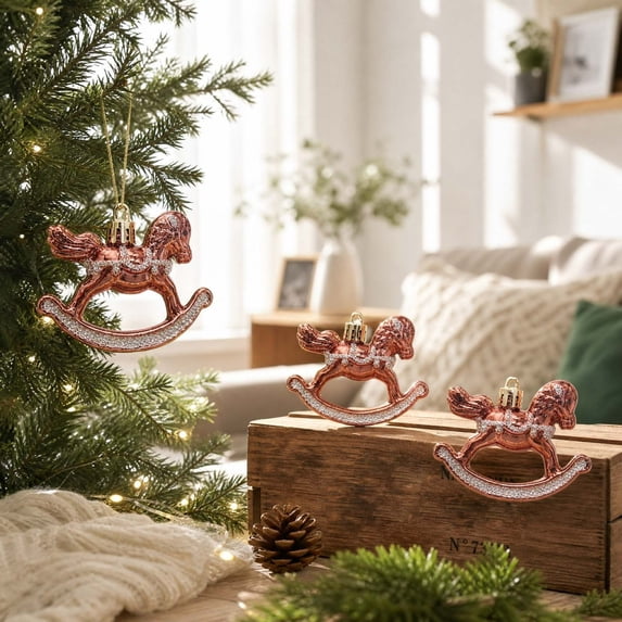 Christmas Rocking Horse Ornaments 3 pack Glitter Baubles 8cm Vintage Mini Hanging Decorations for Xmas Tree Holiday Party Supplies Shatterproof Plastic