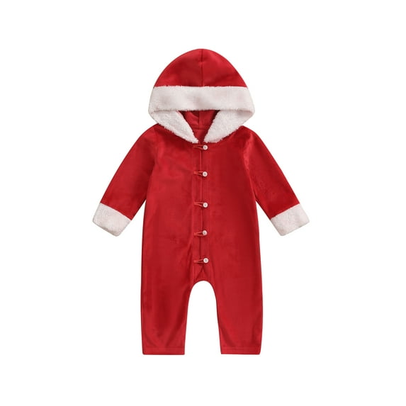 Christmas Romper for Baby Boys Girls Long Sleeve Button Jumpsuits Long Pants Romper with Hood