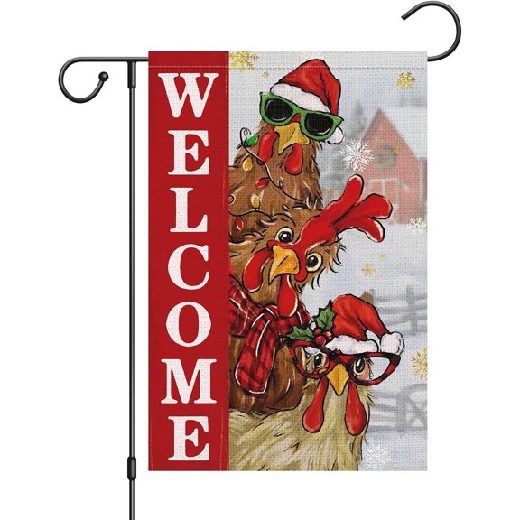 Christmas Rooster Garden Flag 12x18 Inch Double Sided Welcome Winter Holiday Farmhouse Yard Outdoor Flag
