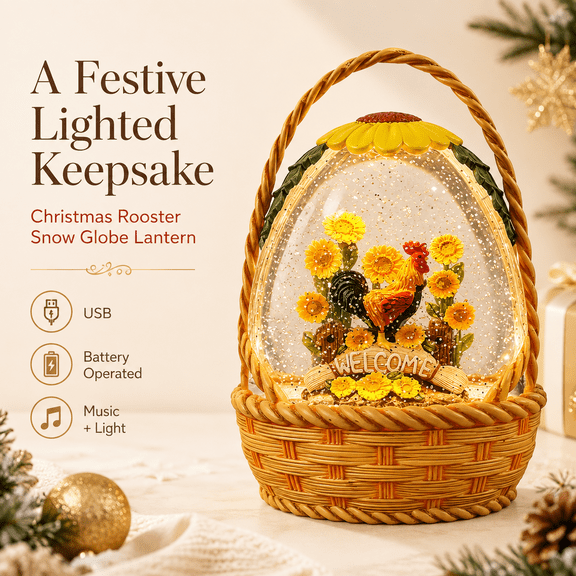 Christmas Rooster Snow Globe Lantern, USB Powered Musical Lighted Snow Globe with Rooster and Sunflowers, Farmhouse Christmas Tabletop Decor Gift for Chicken Lovers